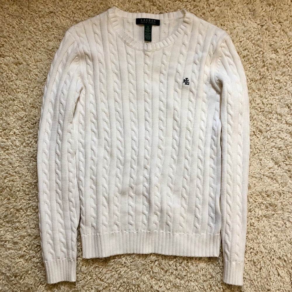 XS Ralph Lauren Crew Neck White Cable-Knit Sweater